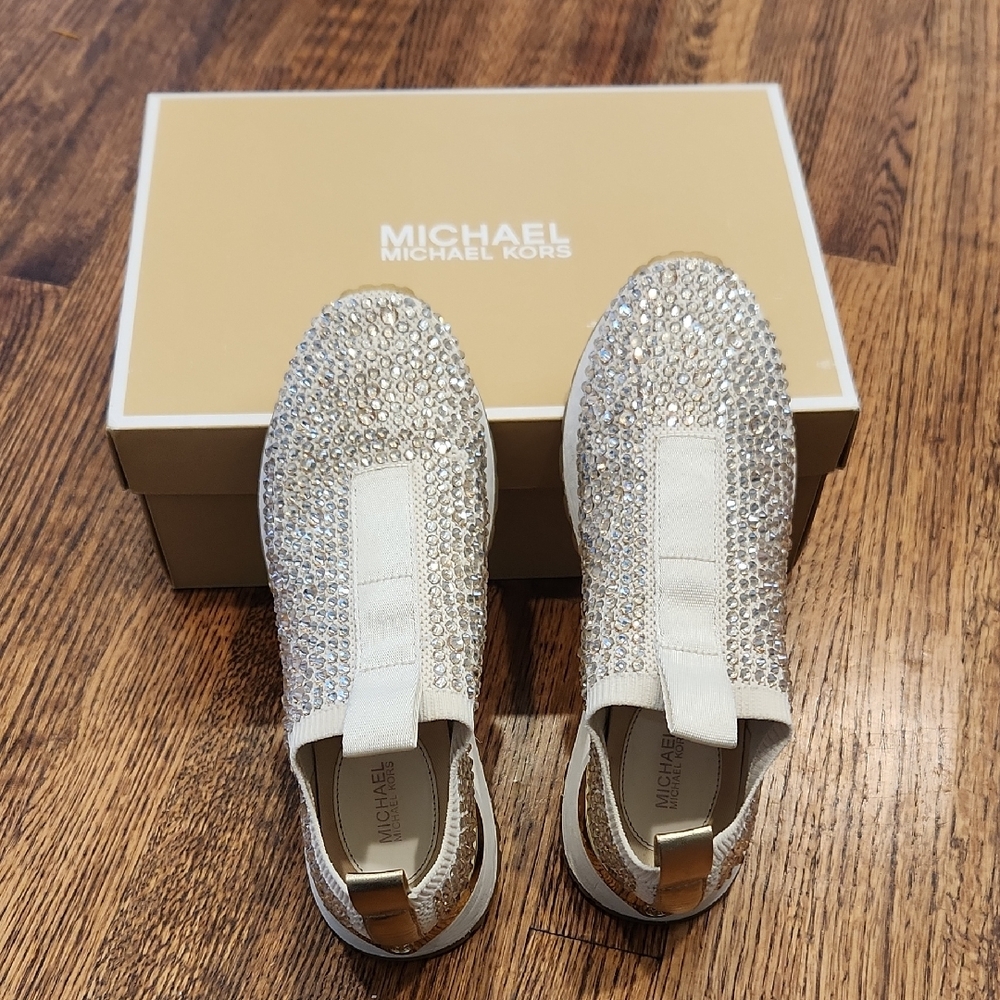 Michael Kors White and Gold Crystal Slip-On Sneakers